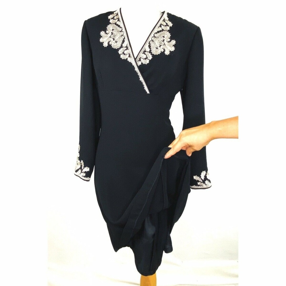 MAGGY LONDON Vint RARE 80s A-line Bell Sleeve V-Neck Dress Sz 6 Embroidered NWOT - Picture 10 of 12